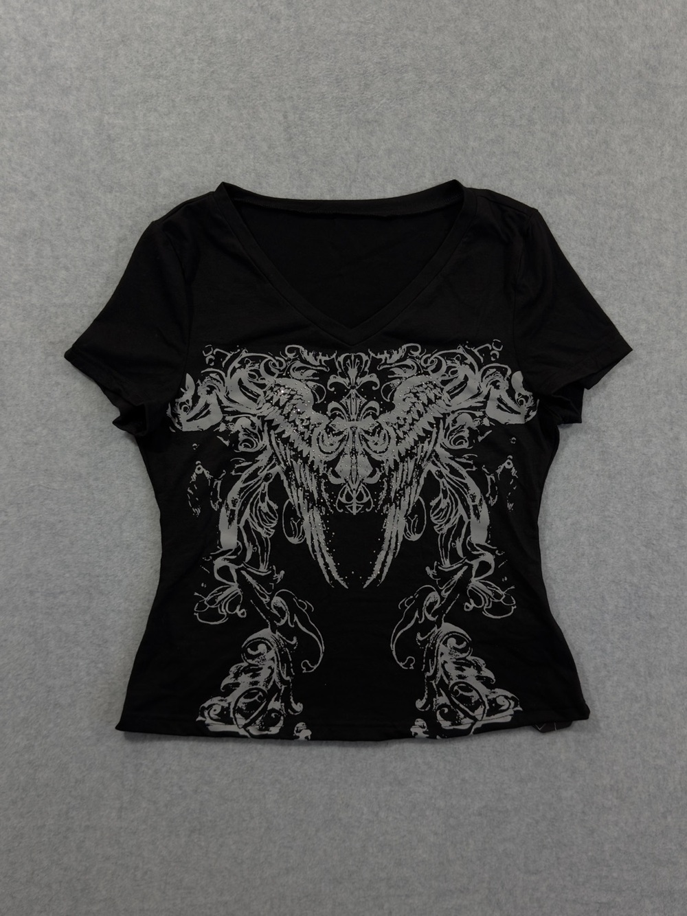 Soly Hux Y2K Black Short Sleeve V-Neck Winged Rhinestone Graphic Tee Size L